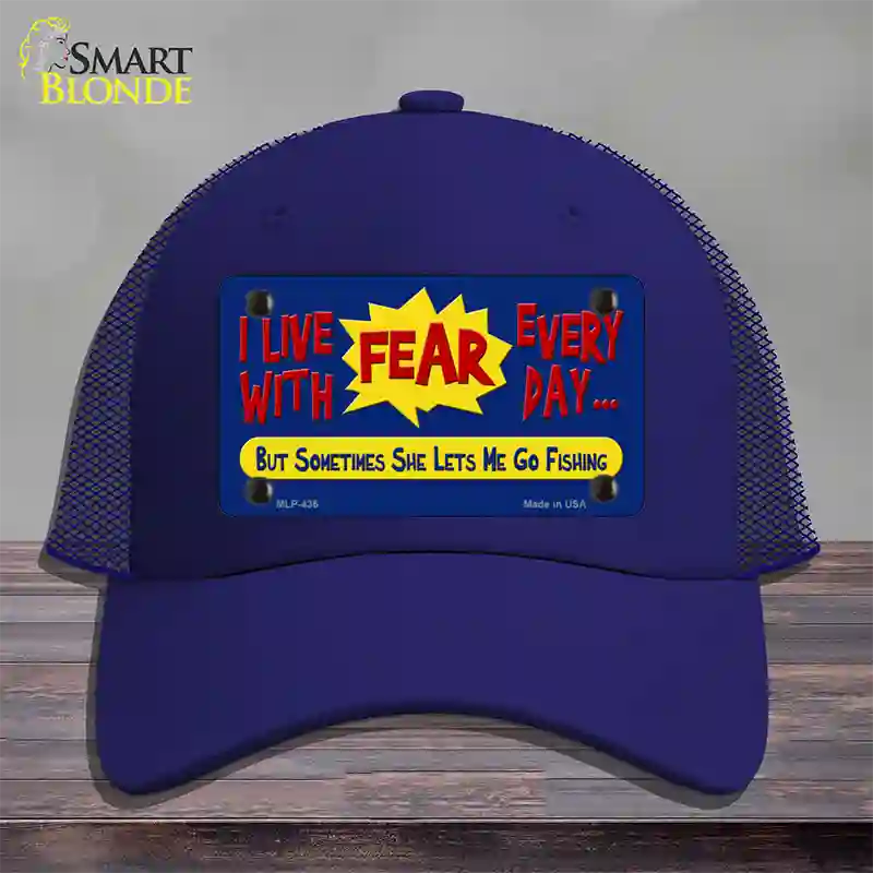 I Live With Fear Novelty License Plate Hat Mesh / Royal Blue