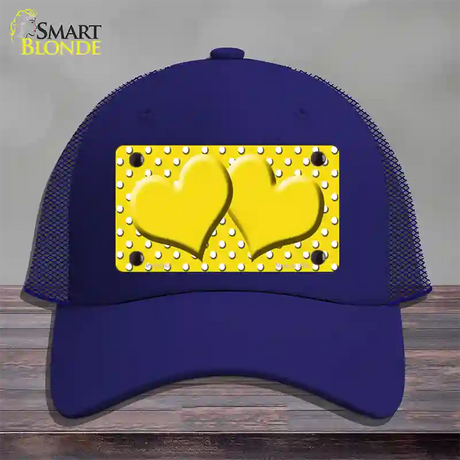 Yellow White Polka Dot Center Hearts Novelty License Plate Hat Mesh / Royal Blue