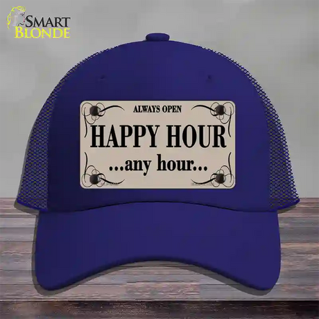 Happy Hour Any Hour Novelty License Plate Hat Mesh / Royal Blue