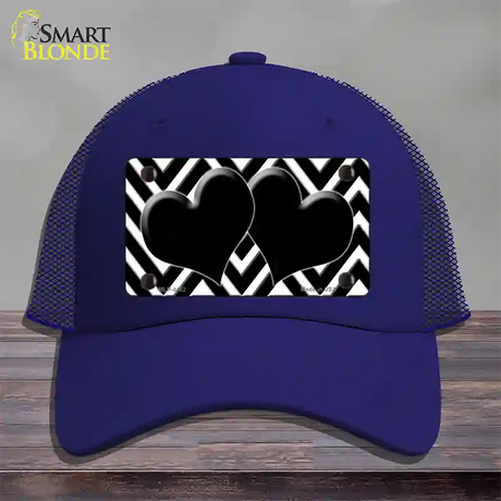 Black White Large Chevron Black Center Hearts Novelty License Plate Hat Mesh / Royal Blue