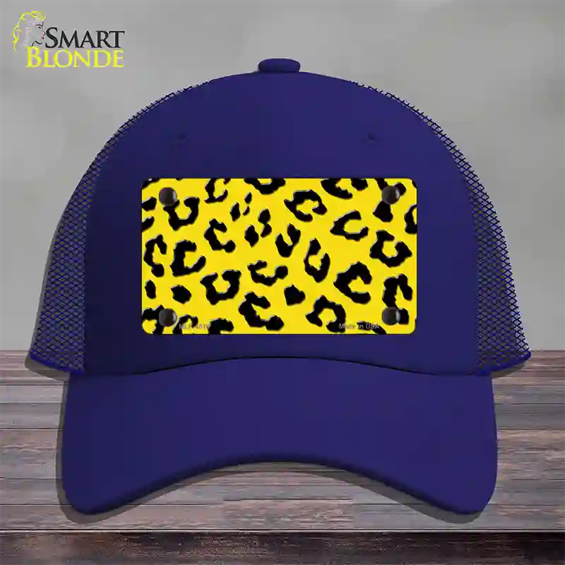 Yellow Black Cheetah Novelty License Plate Hat Mesh / Royal Blue