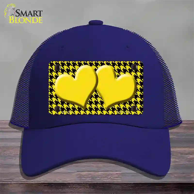 Yellow Black Houndstooth Yellow Center Hearts Novelty License Plate Hat Mesh / Royal Blue