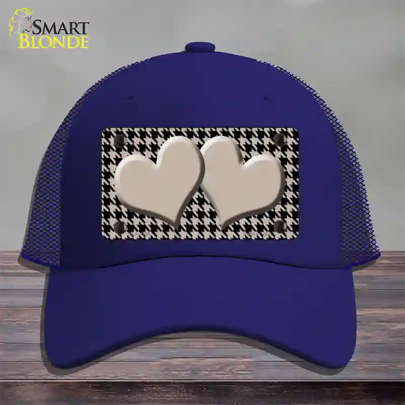 Tan Black Houndstooth Tan Center Hearts Novelty License Plate Hat Mesh / Royal Blue