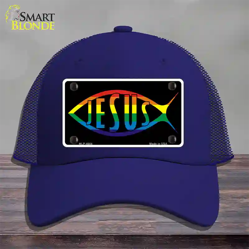 Jesus Fish Rainbow Novelty License Plate Hat Mesh / Royal Blue