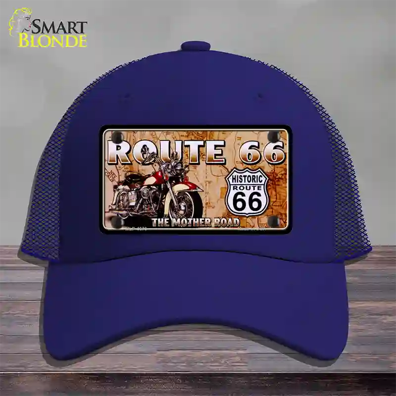 Route 66 Mother Road Motorcycle Novelty License Plate Hat Mesh / Royal Blue