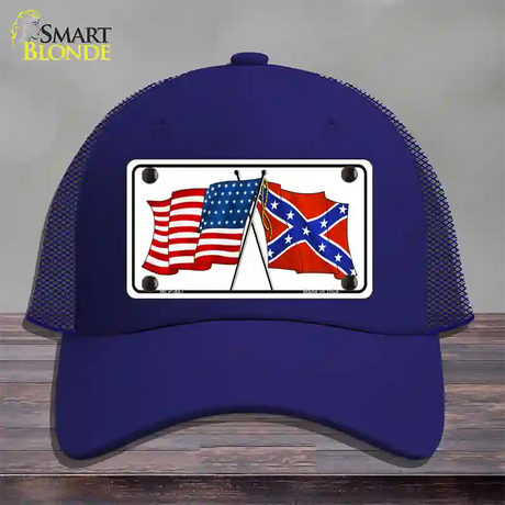 Confederate USA Crossed Flags Novelty License Plate Hat Mesh / Royal Blue