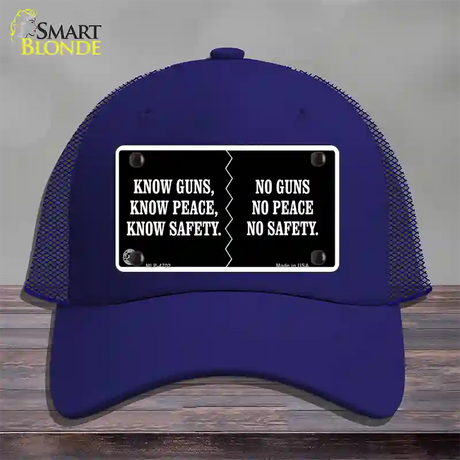 Know Guns, Know Peace, Know Safety Novelty License Plate Hat Mesh / Royal Blue