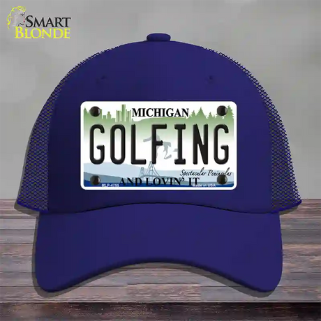 Golfing Michigan State Novelty License Plate Hat Mesh / Royal Blue