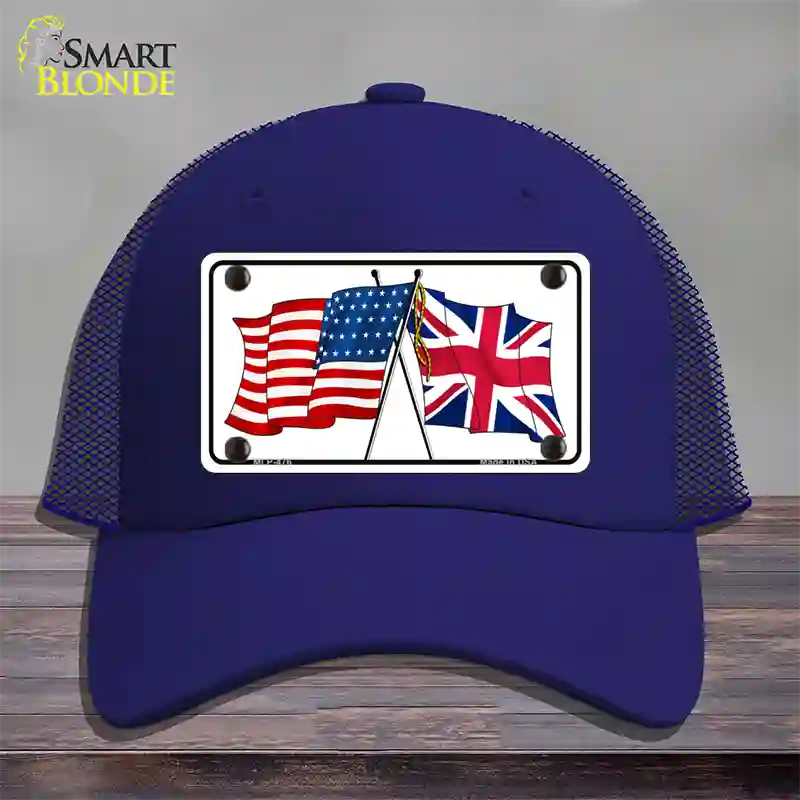 United States Britain Crossed Flags Novelty License Plate Hat Mesh / Royal Blue