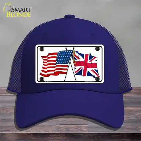 United States Britain Crossed Flags Novelty License Plate Hat Mesh / Royal Blue