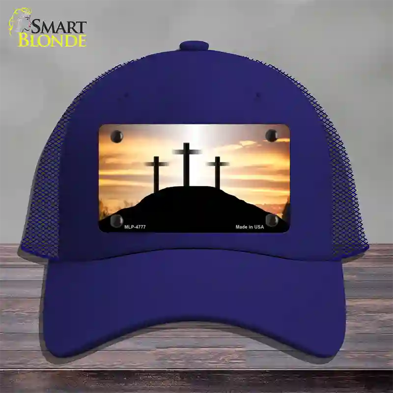 Three Crosses Sunset Novelty License Plate Hat Mesh / Royal Blue