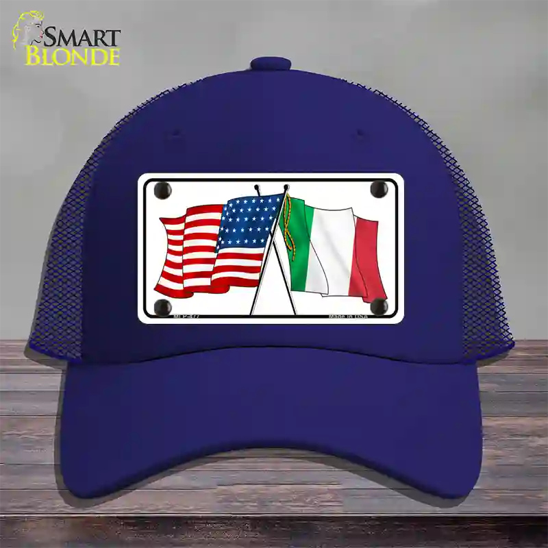 United States Italy Crossed Flags Novelty License Plate Hat Mesh / Royal Blue