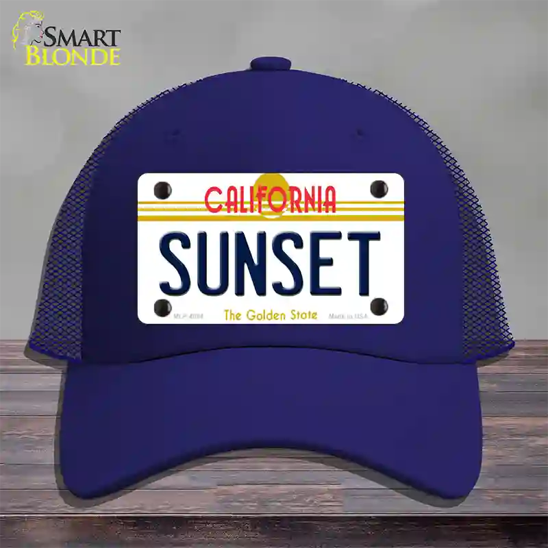 Sunset California Novelty License Plate Hat Mesh / Royal Blue