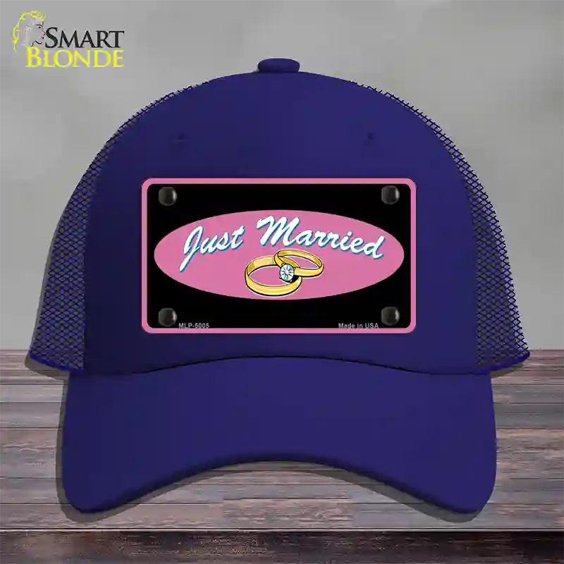 Just Married Novelty License Plate Hat Mesh / Royal Blue