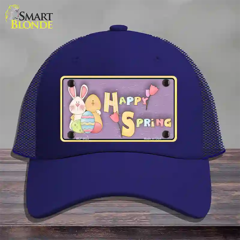 Happy Spring Yellow Novelty License Plate Hat Mesh / Royal Blue