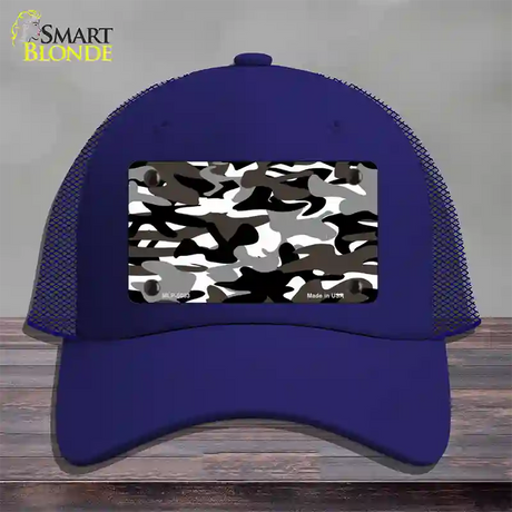 Black And White Camouflage Novelty License Plate Hat Mesh / Royal Blue