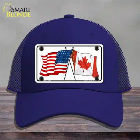 United States Canadian Flag Novelty License Plate Hat Mesh / Royal Blue