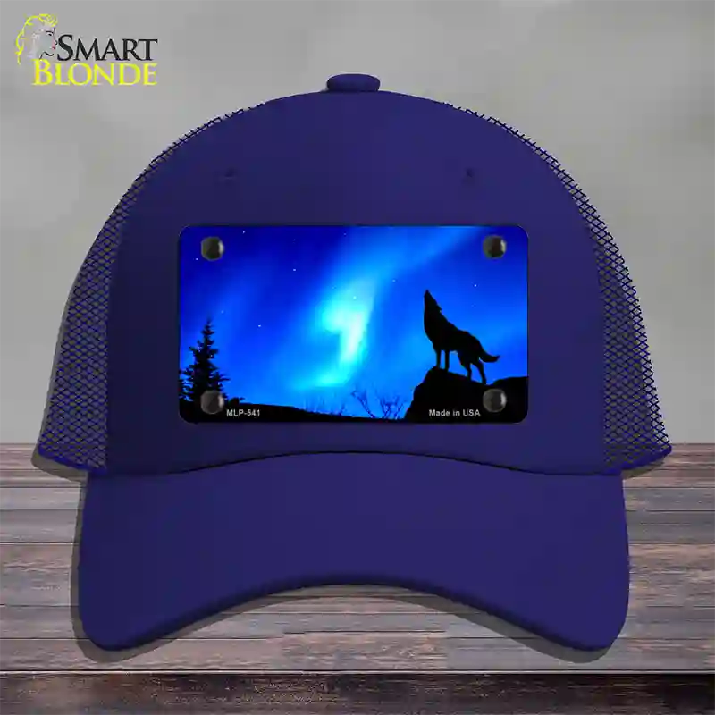 Wolf Howling Novelty License Plate Hat Mesh / Royal Blue