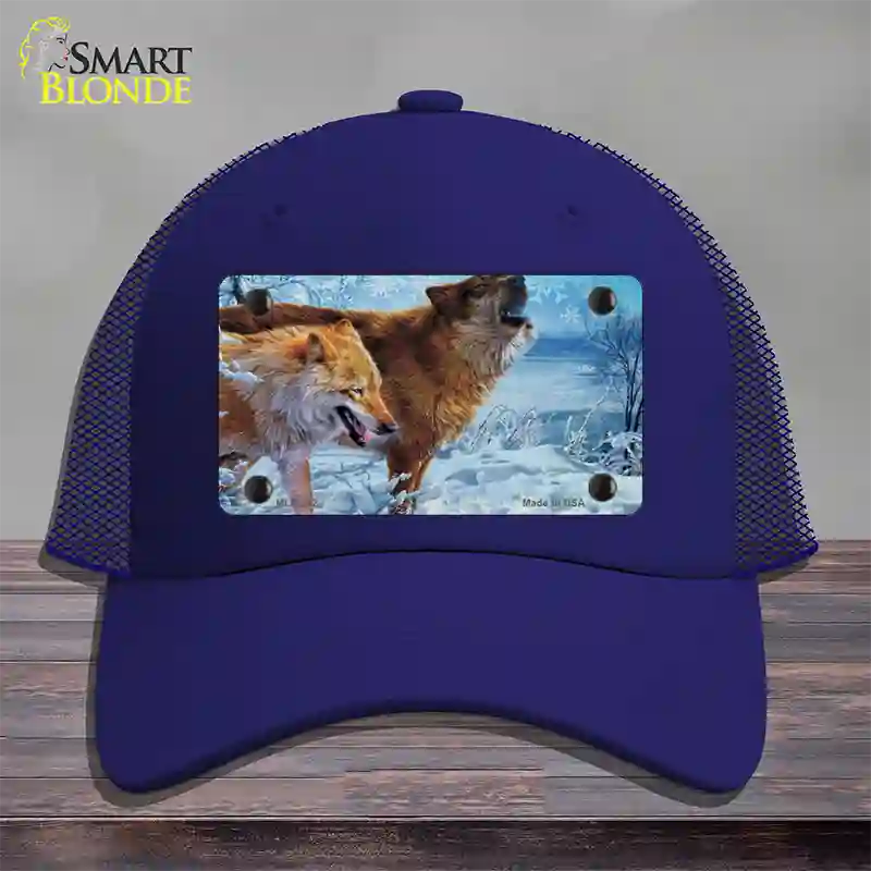 Wintertime Wolf Novelty License Plate Hat Mesh / Royal Blue