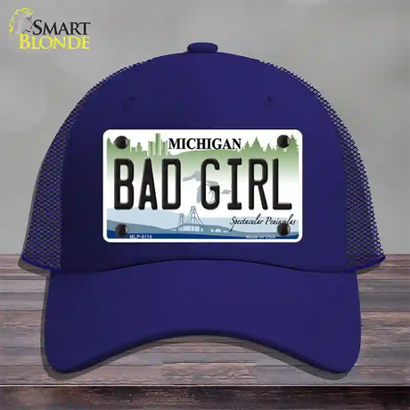 Bad Girl Michigan Novelty License Plate Hat Mesh / Royal Blue