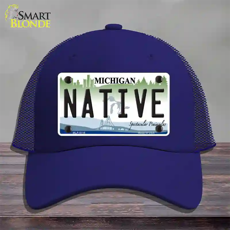 Native Michigan Novelty License Plate Hat Mesh / Royal Blue