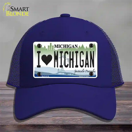 I Love Michigan Novelty License Plate Hat Mesh / Royal Blue