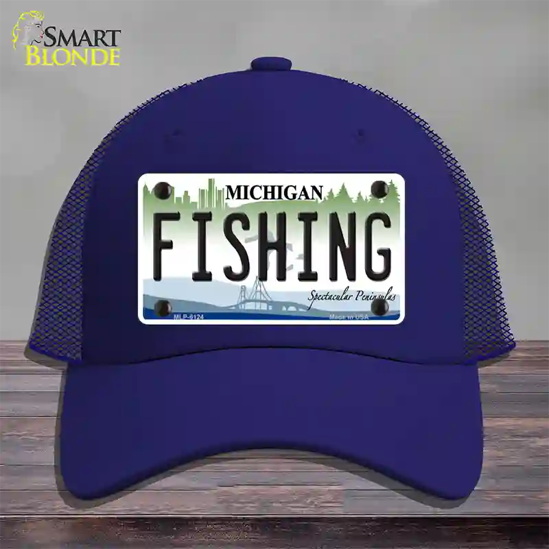 Fishing Michigan Novelty License Plate Hat Mesh / Royal Blue