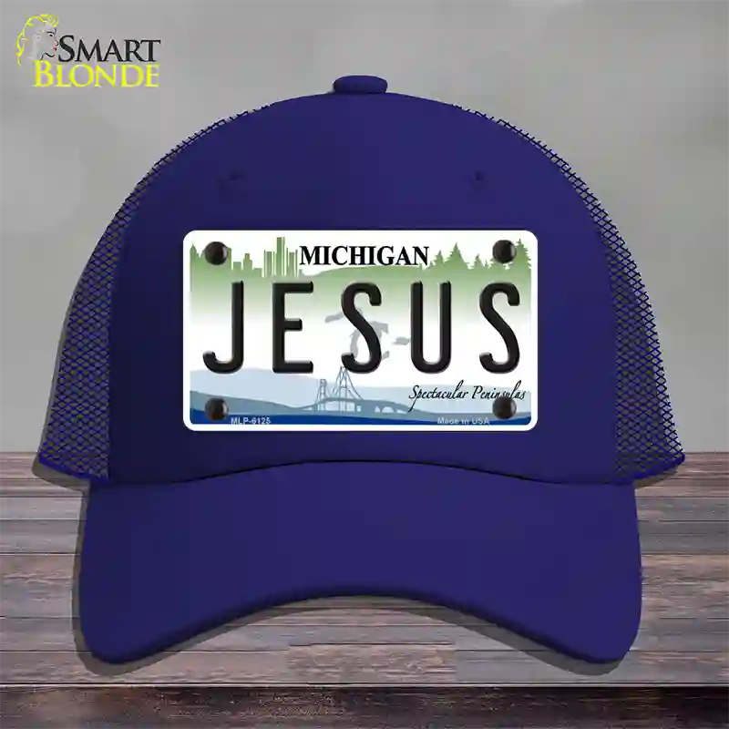 Jesus Michigan Novelty License Plate Hat Mesh / Royal Blue