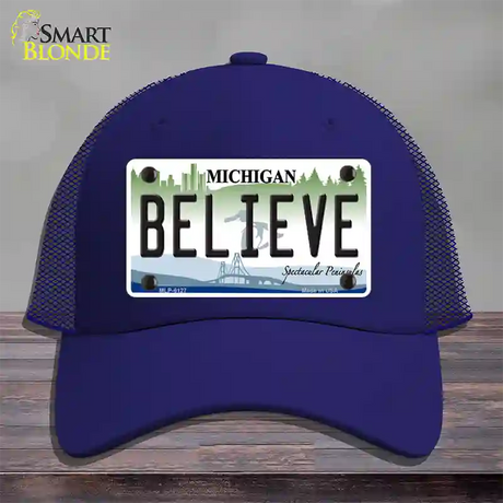 Believe Michigan Novelty License Plate Hat Mesh / Royal Blue