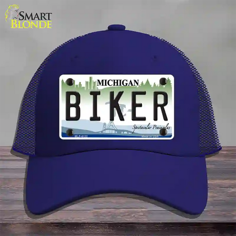 Biker Michigan Novelty License Plate Hat Mesh / Royal Blue