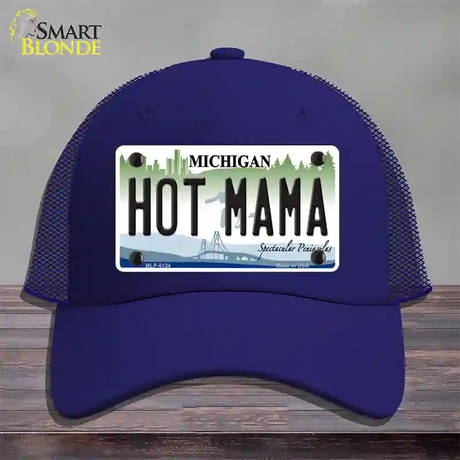 Hot Mama Michigan Novelty License Plate Hat Mesh / Royal Blue