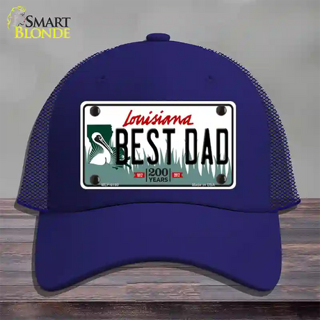 Best Dad Louisiana Novelty License Plate Hat Mesh / Royal Blue