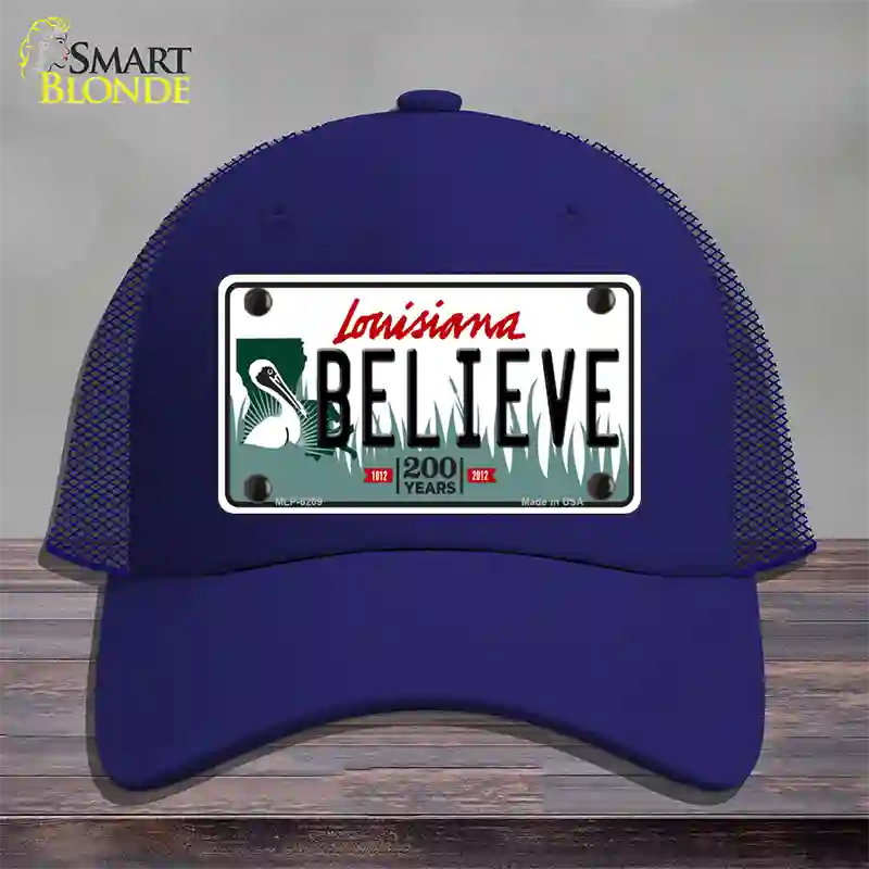 Believe Louisiana Novelty License Plate Hat Mesh / Royal Blue