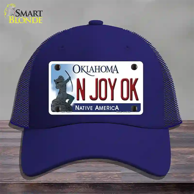 N Joy Ok Oklahoma Novelty License Plate Hat Mesh / Royal Blue