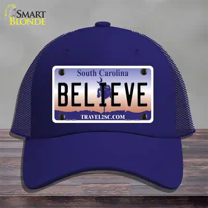 Believe South Carolina Novelty License Plate Hat Mesh / Royal Blue