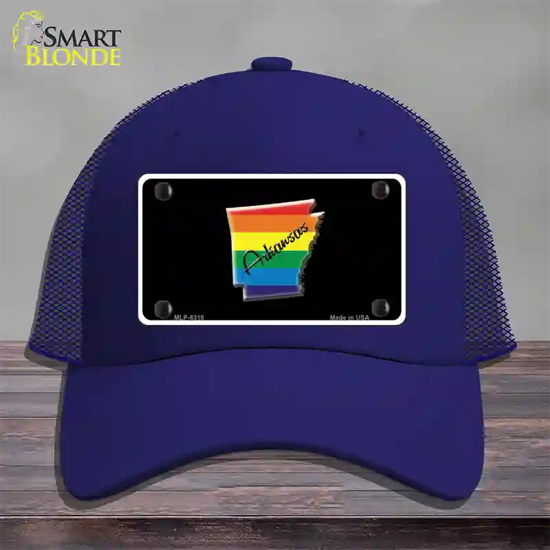 Arkansas Rainbow Novelty License Plate Hat Mesh / Royal Blue