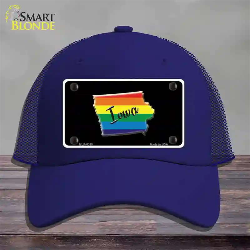 Iowa Rainbow Novelty License Plate Hat Mesh / Royal Blue