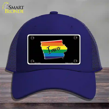 Iowa Rainbow Novelty License Plate Hat Mesh / Royal Blue