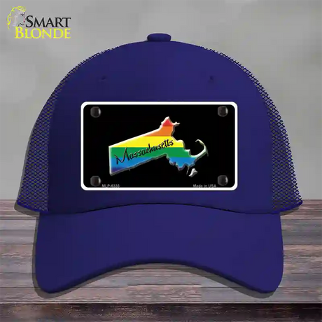 Massachusetts Rainbow Novelty License Plate Hat Mesh / Royal Blue