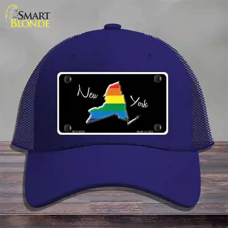 New York Rainbow Novelty License Plate Hat Mesh / Royal Blue