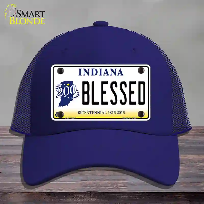 Blessed Indiana Novelty License Plate Hat Mesh / Royal Blue