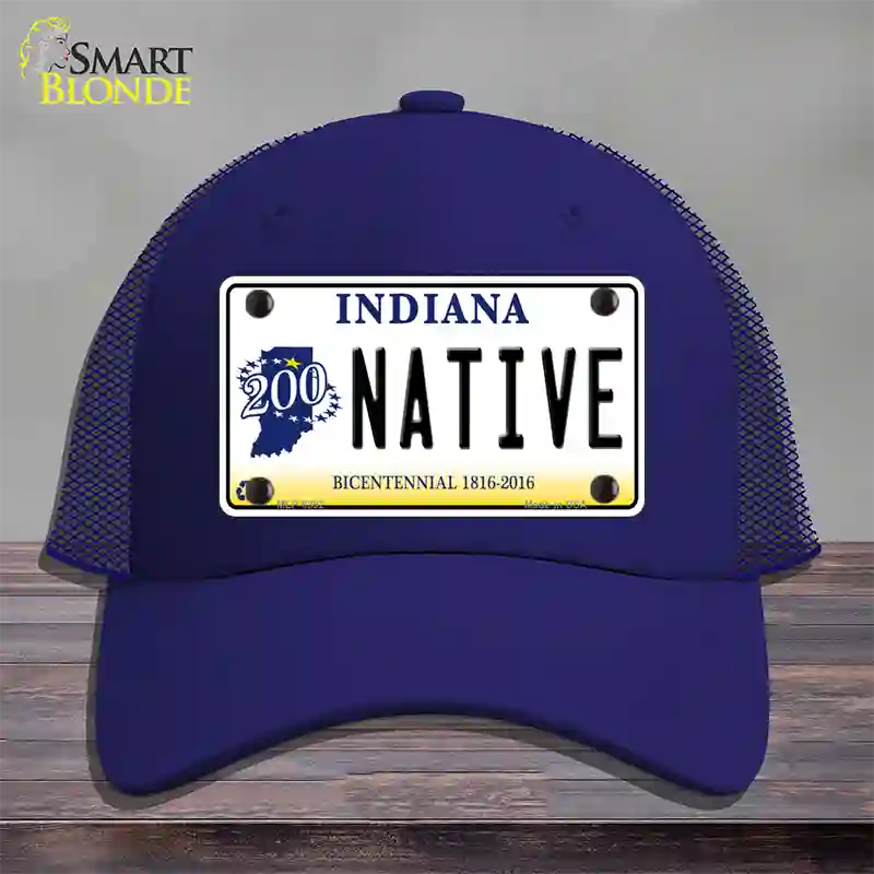 Native Indiana Novelty License Plate Hat Mesh / Royal Blue