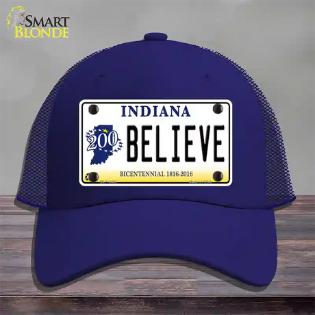 Believe Indiana Novelty License Plate Hat Mesh / Royal Blue