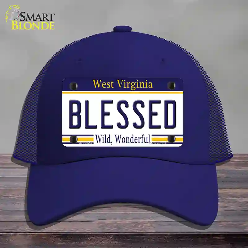 Blessed West Virginia Novelty License Plate Hat Mesh / Royal Blue