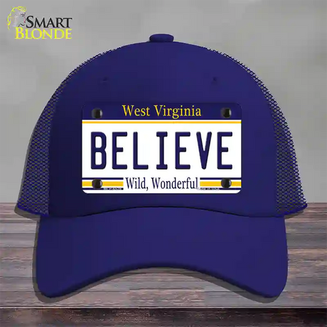 Believe West Virginia Novelty License Plate Hat Mesh / Royal Blue