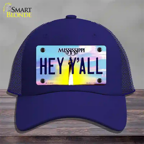 Hey YAll Mississippi Novelty License Plate Hat Mesh / Royal Blue