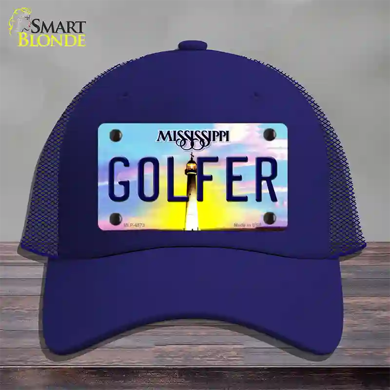 Golfer Mississippi Novelty License Plate Hat Mesh / Royal Blue