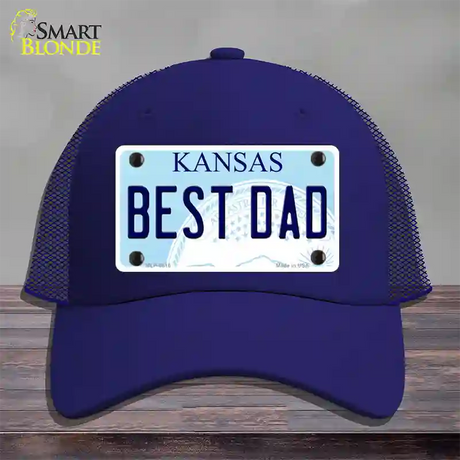 Best Dad Kansas Novelty License Plate Hat Mesh / Royal Blue