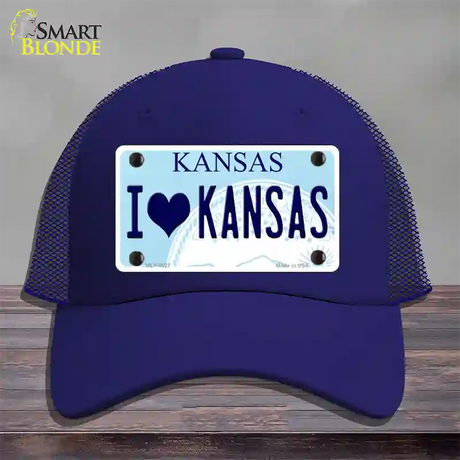 I Love Kansas Novelty License Plate Hat Mesh / Royal Blue