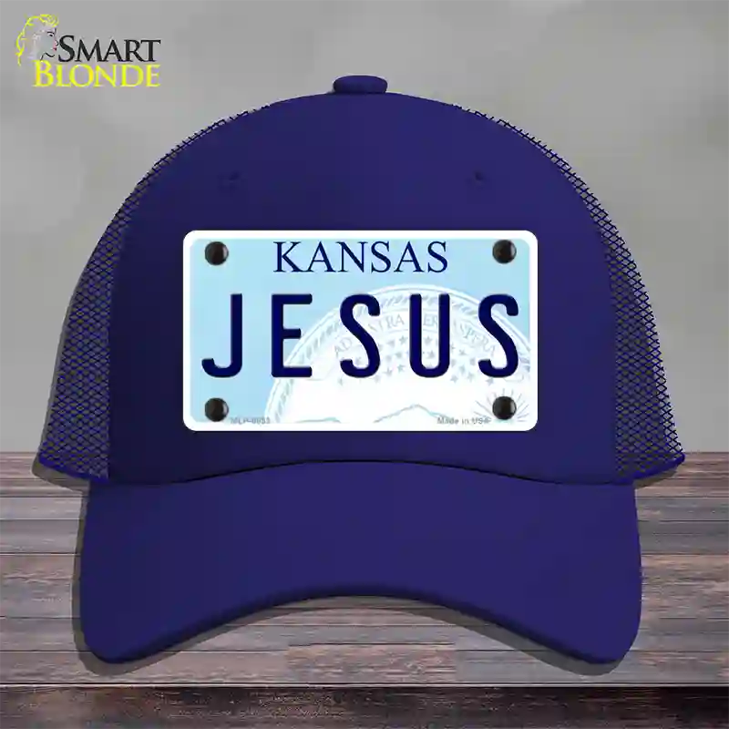 Jesus Kansas Novelty License Plate Hat Mesh / Royal Blue